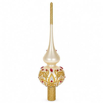 Red Jeweled with Golden Leaves Glass Christmas Tree Topper 11 Inches