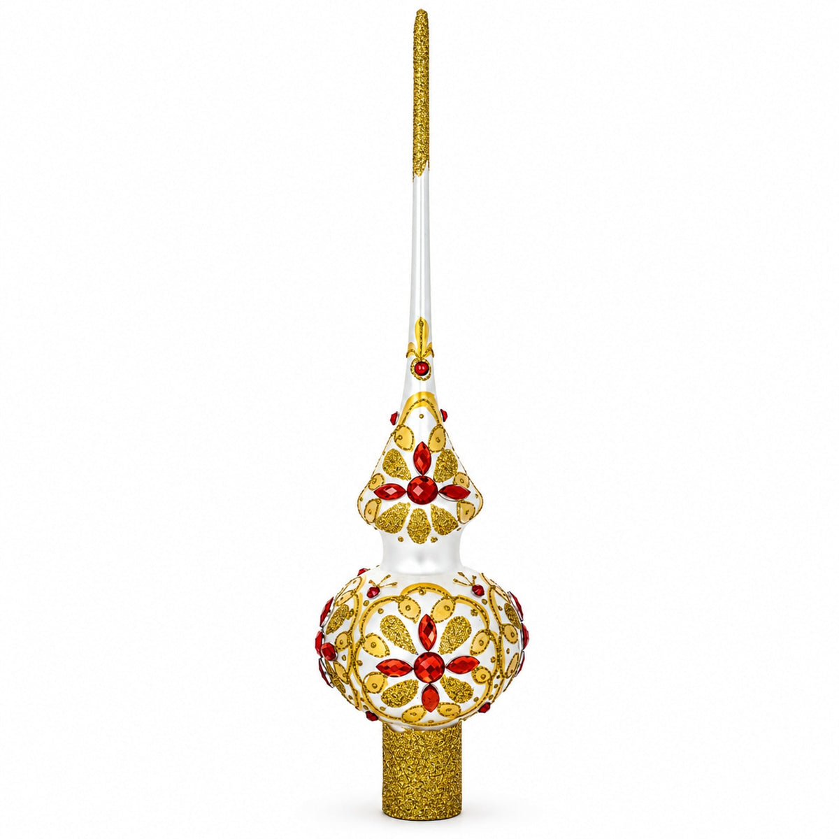 Red Jeweled Stars on Gold Pattern on White Glass Christmas Tree Topper 11 Inches