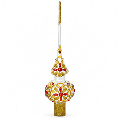 Red Jeweled Stars on Gold Pattern on White Glass Christmas Tree Topper 11 Inches