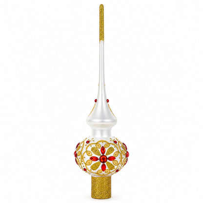 Red Jeweled Stars on Gold Pattern on White Glass Christmas Tree Topper 11 Inches