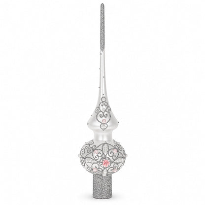 Pink Roses and Pearls on Silver Glass Christmas Tree Topper 11 Inches