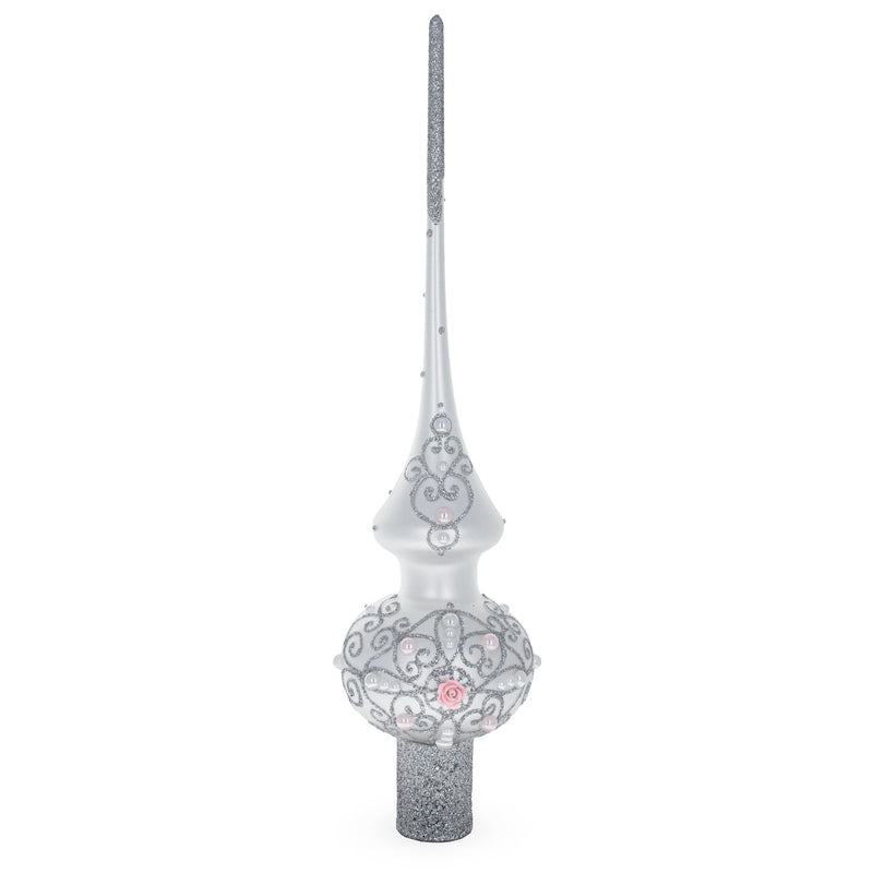 Pink Roses and Pearls on Silver Glass Christmas Tree Topper 11 Inches