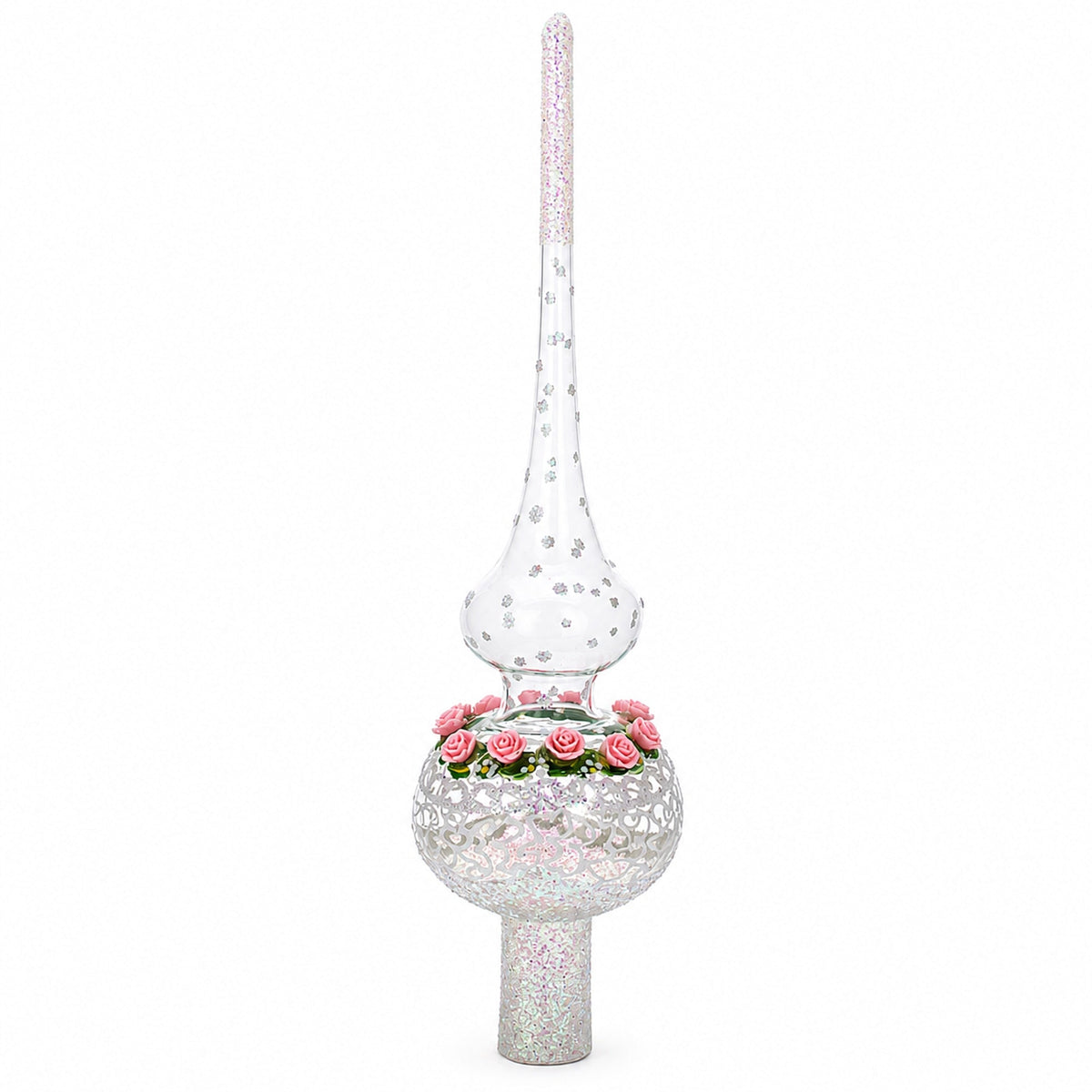 Pink Roses on Silver Swirls and Clear Glass Christmas Tree Topper 11 Inches