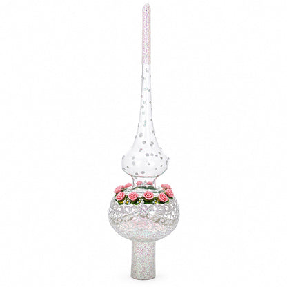 Pink Roses on Silver Swirls and Clear Glass Christmas Tree Topper 11 Inches
