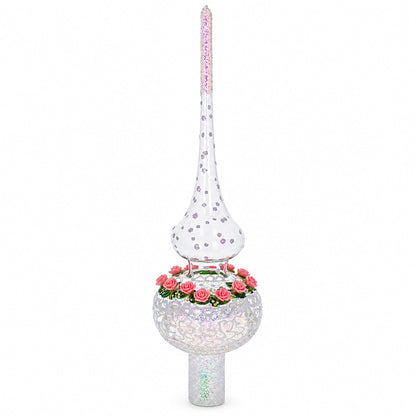 Pink Roses on Silver Swirls and Clear Glass Christmas Tree Topper 11 Inches