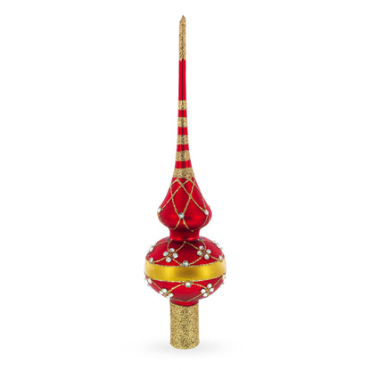 Dimensional White Diamond Trellis on Red Glass Christmas Tree Topper 11 Inches