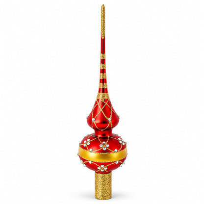 Dimensional White Diamond Trellis on Red Glass Christmas Tree Topper 11 Inches