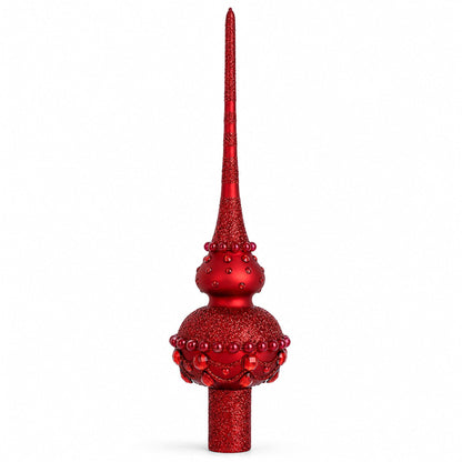 Dimensional Red Jewels Chandelier on Red Glass Christmas Tree Topper 11 Inches