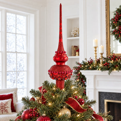 Dimensional Red Jewels Chandelier on Red Glass Christmas Tree Topper 11 Inches