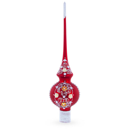 Golden Flowers and Silver Swirls on Red Glass Christmas Tree Topper 11 Inches
