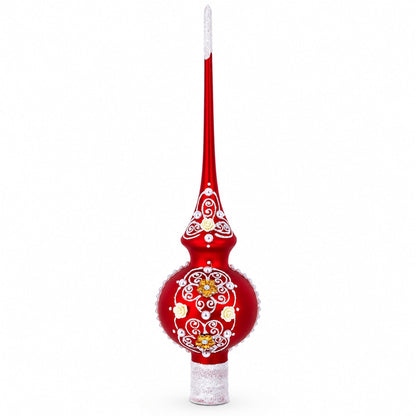 Golden Flowers and Silver Swirls on Red Glass Christmas Tree Topper 11 Inches