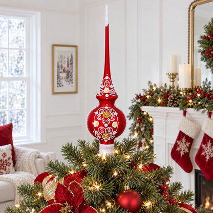 Golden Flowers and Silver Swirls on Red Glass Christmas Tree Topper 11 Inches