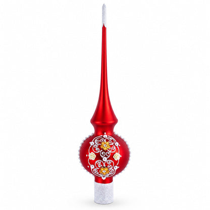 Golden Flowers and Silver Swirls on Red Glass Christmas Tree Topper 11 Inches