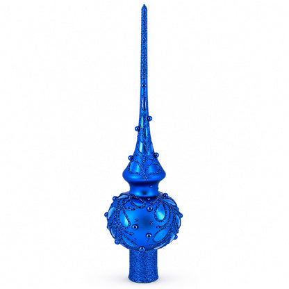 Blue Jewels Scroll on Blue Glass Christmas Tree Topper 11 Inches
