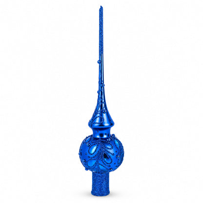 Blue Jewels Scroll on Blue Glass Christmas Tree Topper 11 Inches