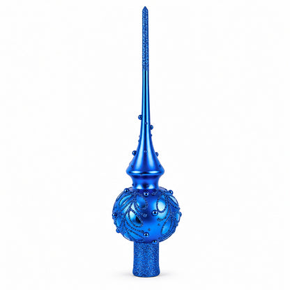 Blue Jewels Scroll on Blue Glass Christmas Tree Topper 11 Inches
