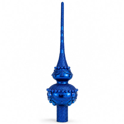 Dimensional Blue Jewels Chandelier on Red Glass Christmas Tree Topper 11 Inches
