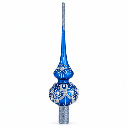 Dimensional White Pearls on Blue Glass Christmas Tree Topper 11 Inches