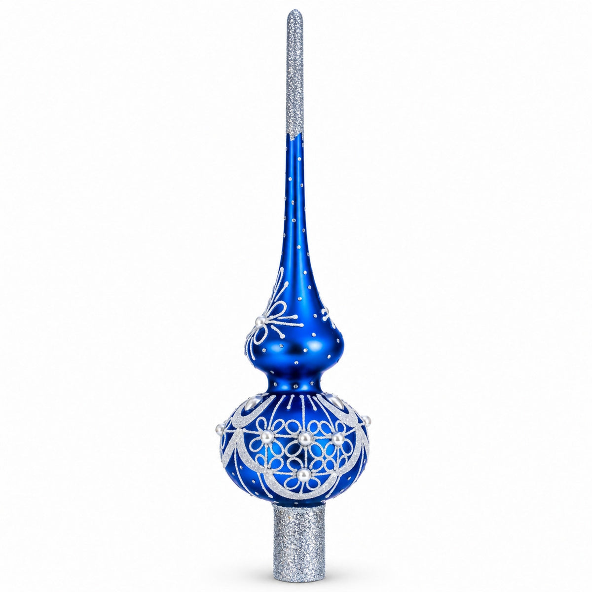 Dimensional White Pearls on Blue Glass Christmas Tree Topper 11 Inches