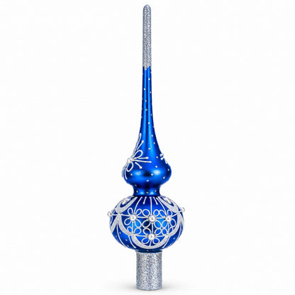 Dimensional White Pearls on Blue Glass Christmas Tree Topper 11 Inches