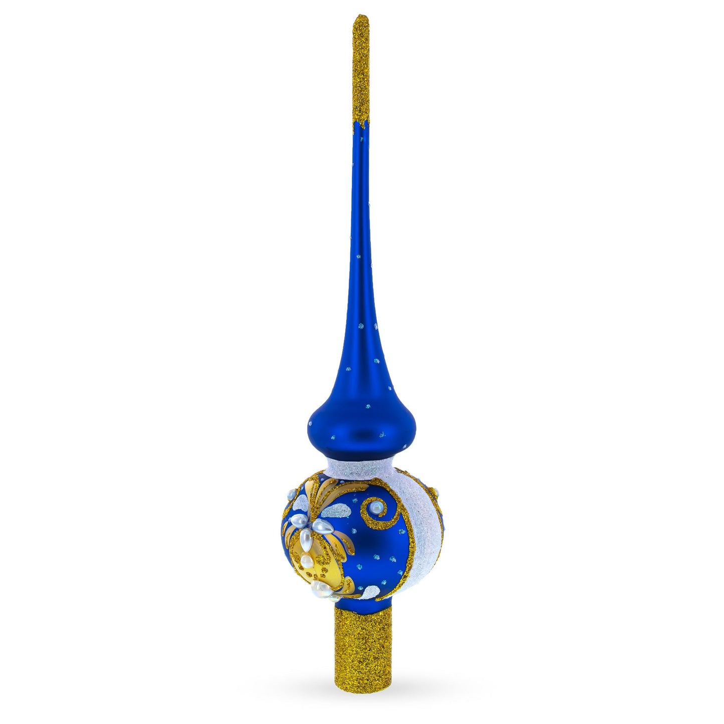 White Pearls with Golden Leaves on Blue Glass Christmas Tree Topper 11 Inches