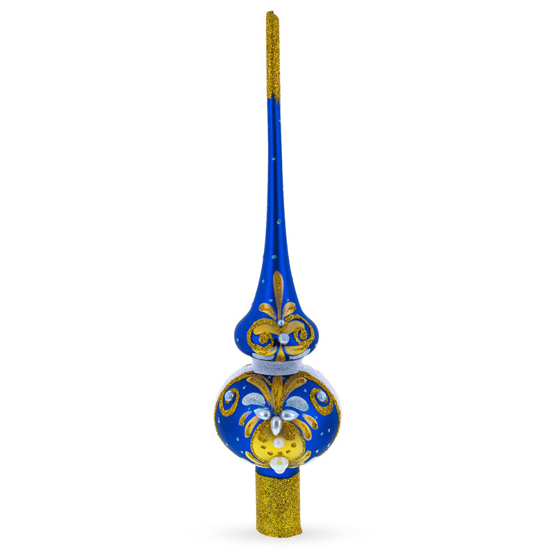 White Pearls with Golden Leaves on Blue Glass Christmas Tree Topper 11 Inches
