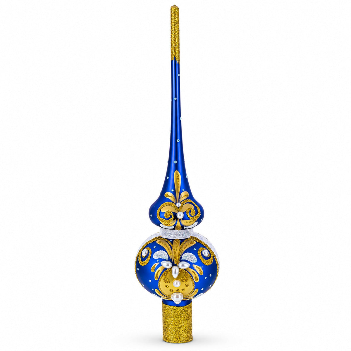 White Pearls with Golden Leaves on Blue Glass Christmas Tree Topper 11 Inches