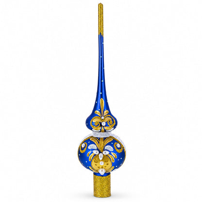 White Pearls with Golden Leaves on Blue Glass Christmas Tree Topper 11 Inches