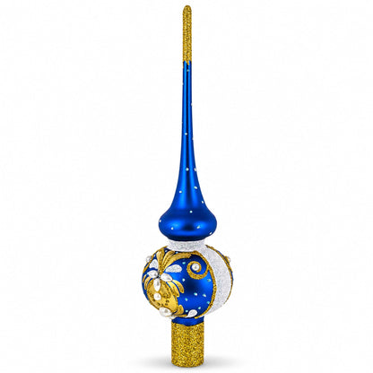 White Pearls with Golden Leaves on Blue Glass Christmas Tree Topper 11 Inches