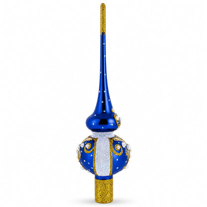 White Pearls with Golden Leaves on Blue Glass Christmas Tree Topper 11 Inches