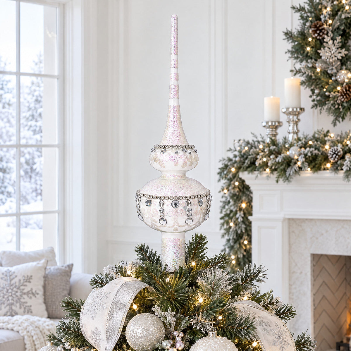 Jewel Drops on White Chandelier Clear Glass Christmas Tree Topper 11 Inches