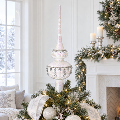 Jewel Drops on White Chandelier Clear Glass Christmas Tree Topper 11 Inches