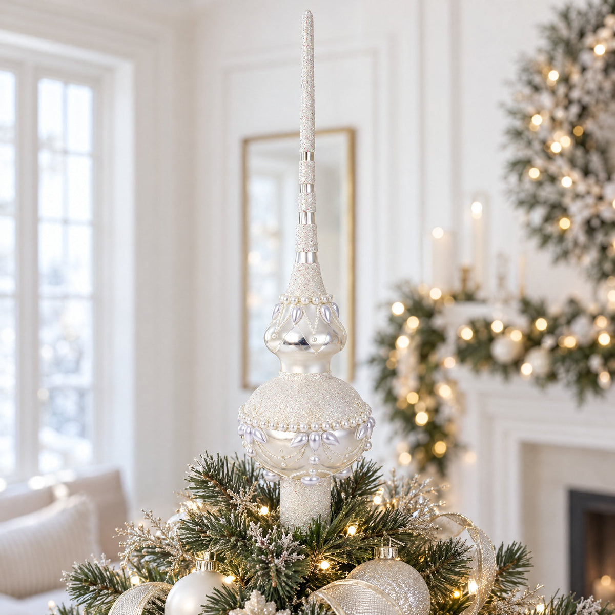 Pearl Drops on White Chandelier Clear Glass Christmas Tree Topper 11 Inches