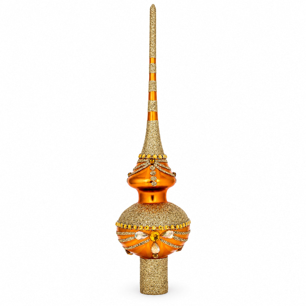 White and Golden Jewels on Sparkling Orange Glass Christmas Tree Topper 11 Inches