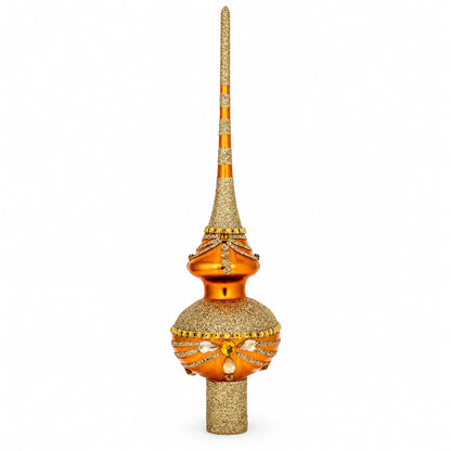 White and Golden Jewels on Sparkling Orange Glass Christmas Tree Topper 11 Inches