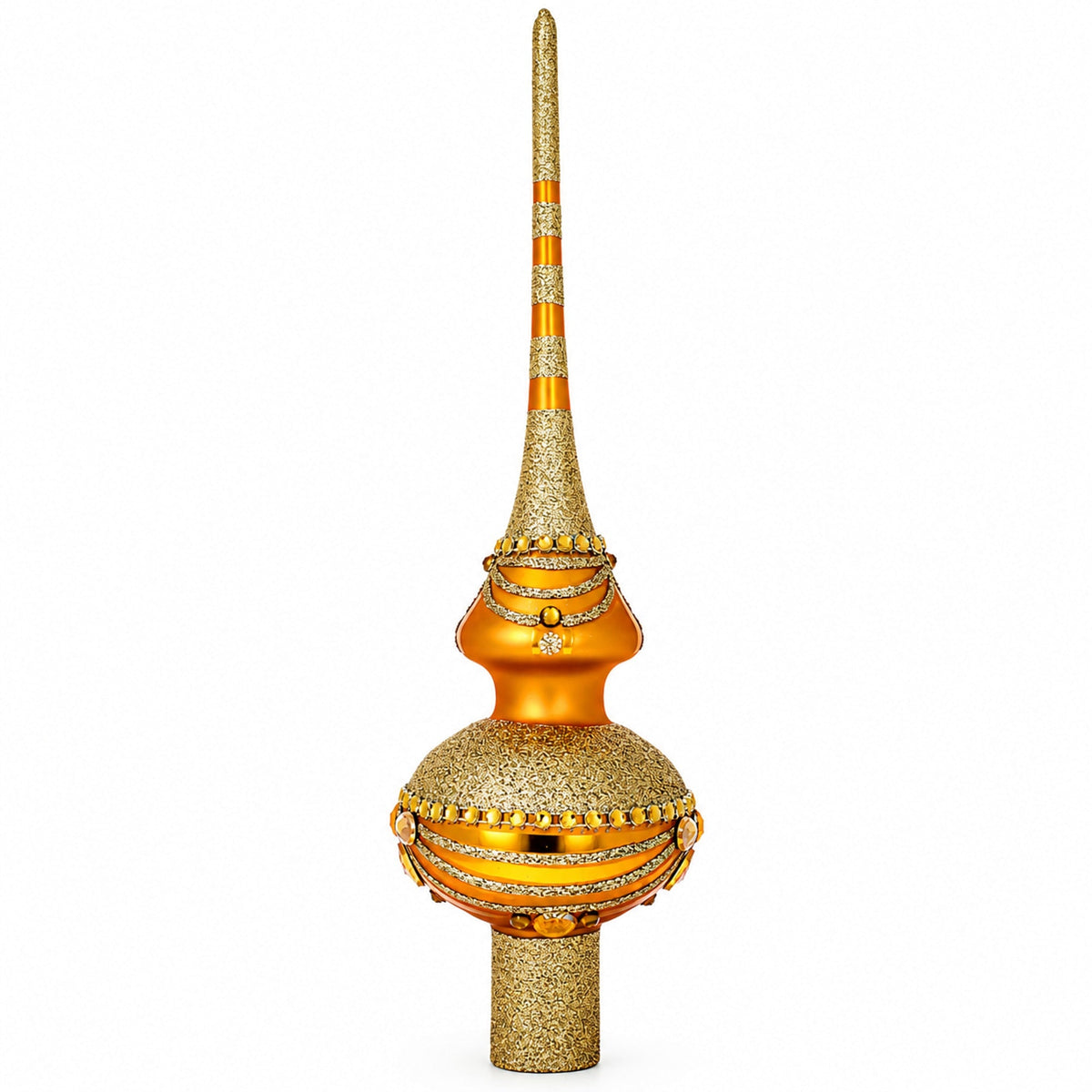 White and Golden Jewels on Sparkling Orange Glass Christmas Tree Topper 11 Inches