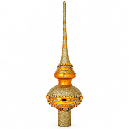 White and Golden Jewels on Sparkling Orange Glass Christmas Tree Topper 11 Inches