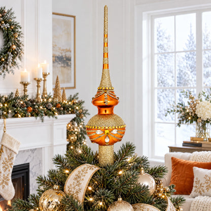 White and Golden Jewels on Sparkling Orange Glass Christmas Tree Topper 11 Inches