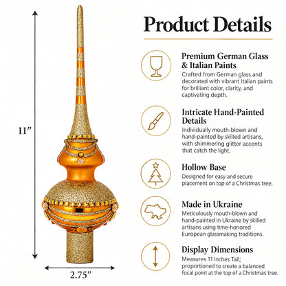 White and Golden Jewels on Sparkling Orange Glass Christmas Tree Topper 11 Inches