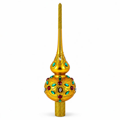 Multicolored Jewels on Gold Glass Christmas Tree Topper 11 Inches