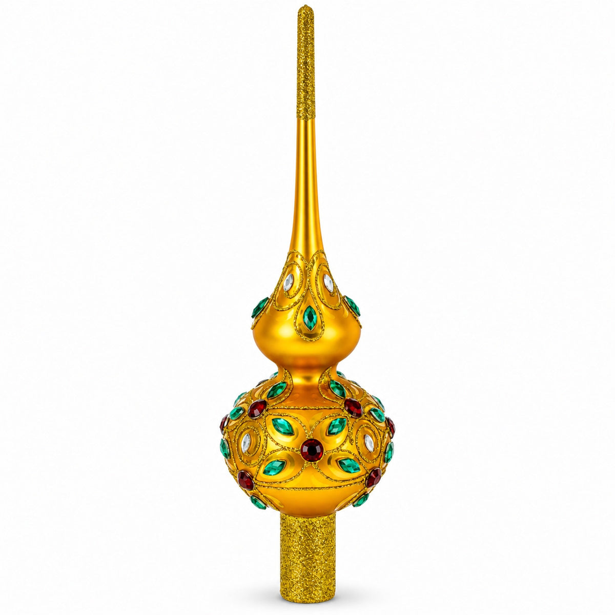 Multicolored Jewels on Gold Glass Christmas Tree Topper 11 Inches