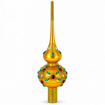 Multicolored Jewels on Gold Glass Christmas Tree Topper 11 Inches