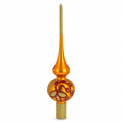 Sparkling Leaves on Gold Glass Christmas Tree Topper 11 Inches