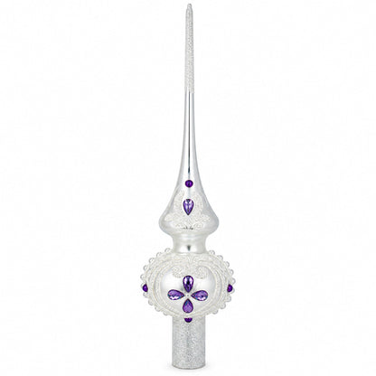 Purple Jewel Stars and Pearls on White Glass Christmas Tree Topper 11 Inches