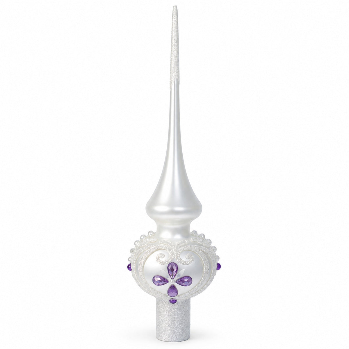 Purple Jewel Stars and Pearls on White Glass Christmas Tree Topper 11 Inches