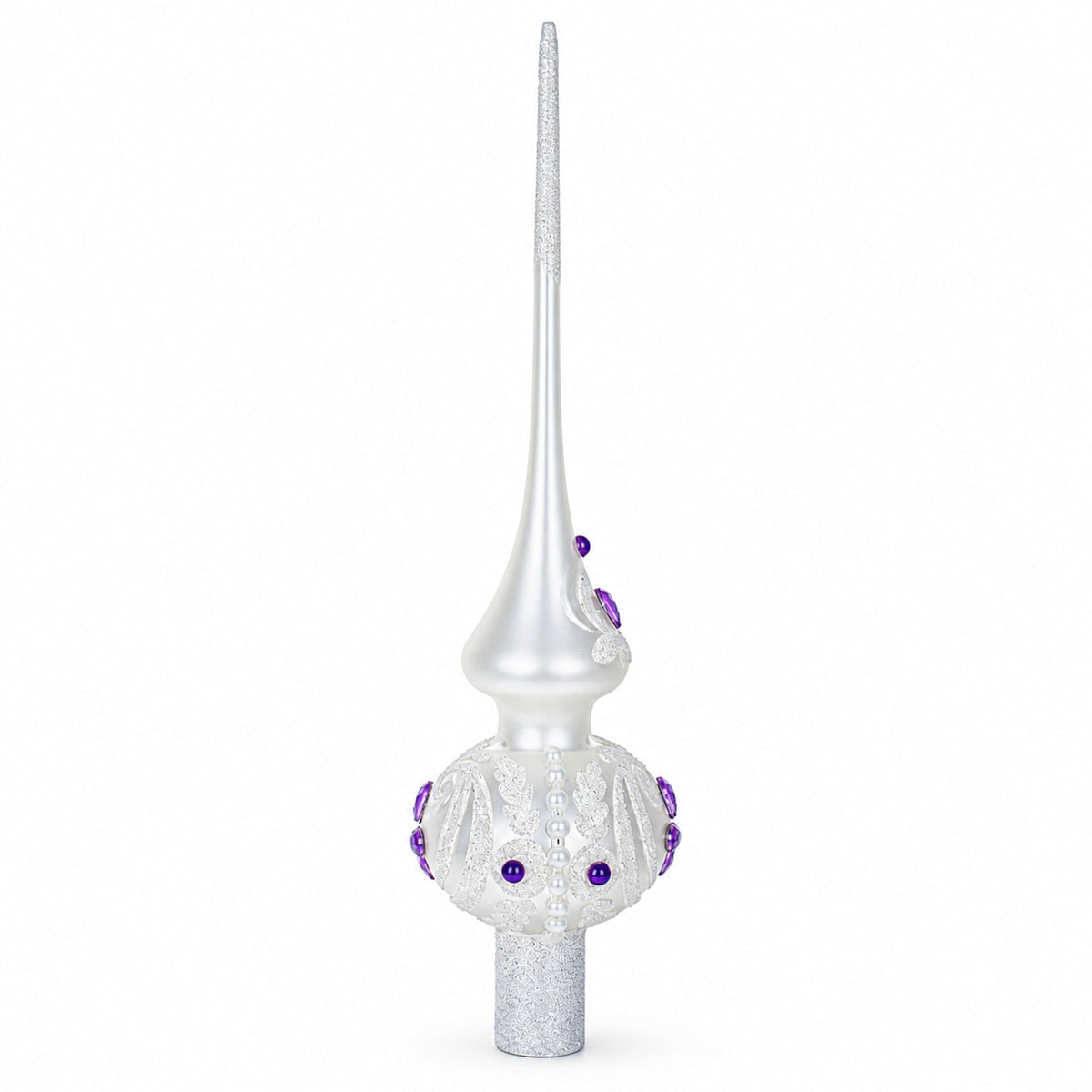 Purple Jewel Stars and Pearls on White Glass Christmas Tree Topper 11 Inches