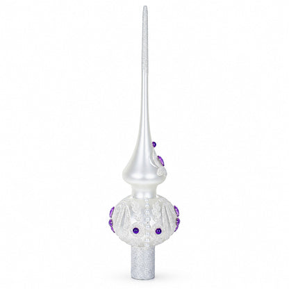 Purple Jewel Stars and Pearls on White Glass Christmas Tree Topper 11 Inches