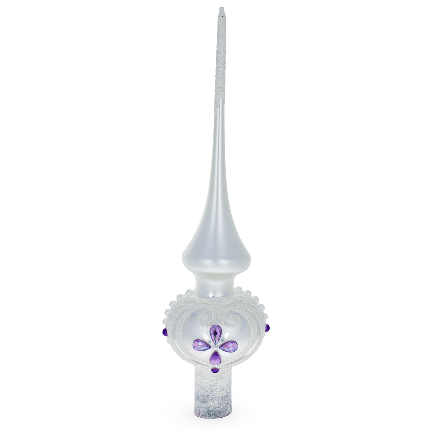 Purple Jewel Stars and Pearls on White Glass Christmas Tree Topper 11 Inches
