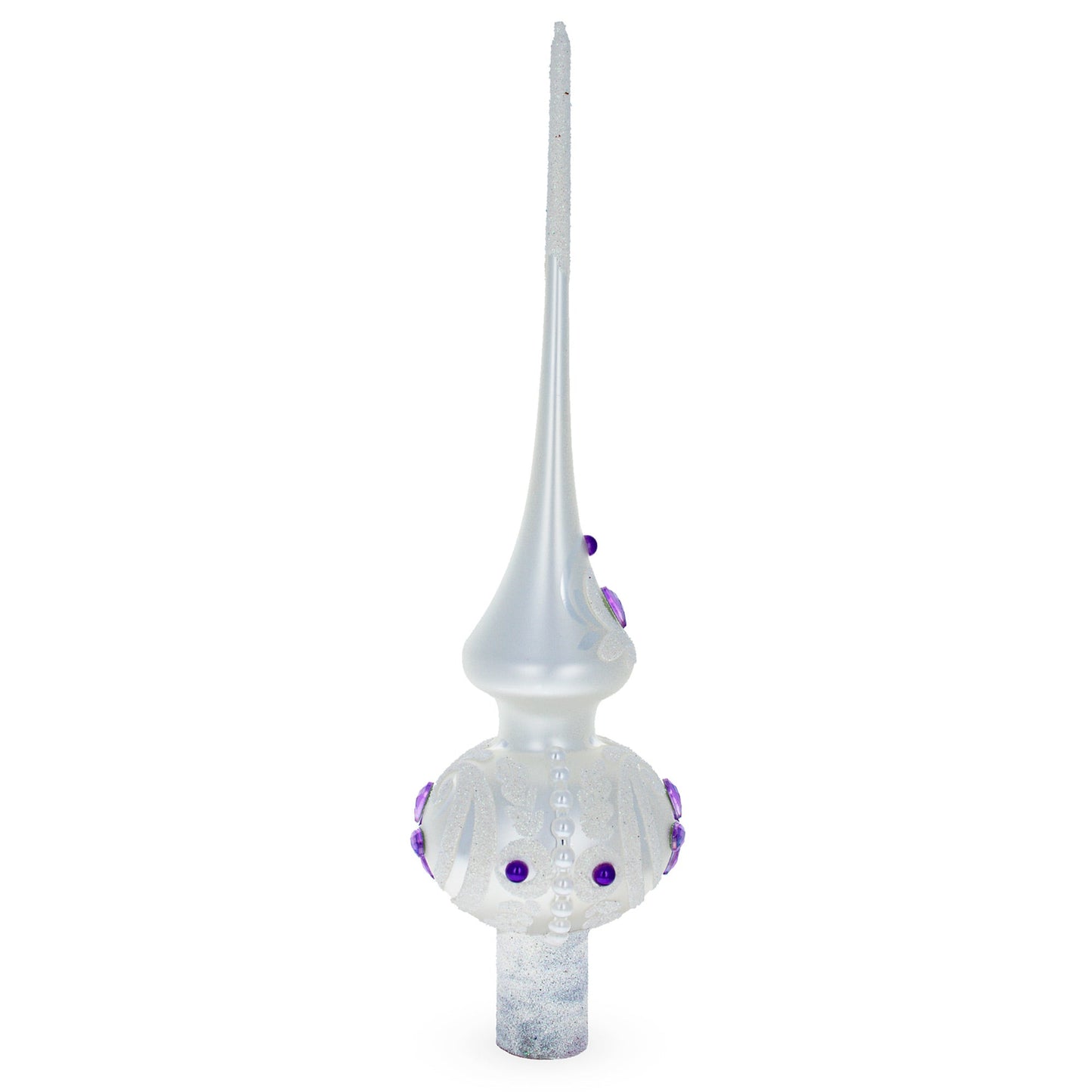 Purple Jewel Stars and Pearls on White Glass Christmas Tree Topper 11 Inches