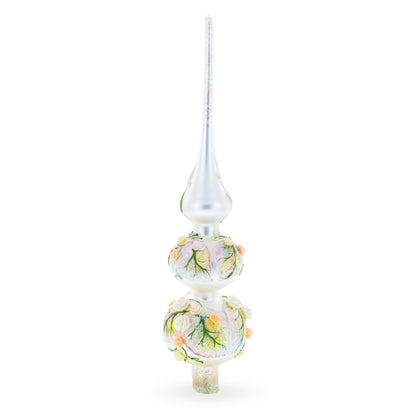 Pink and White Roses Bouquet on Double Ball Glass Christmas Tree Topper 12.5 Inches